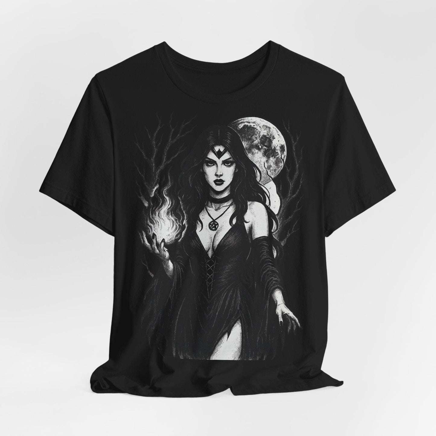 Witchy Mystical Goddess Fire and Moon Gothic Unisex Graphic T Shirt by Dreamdropwear