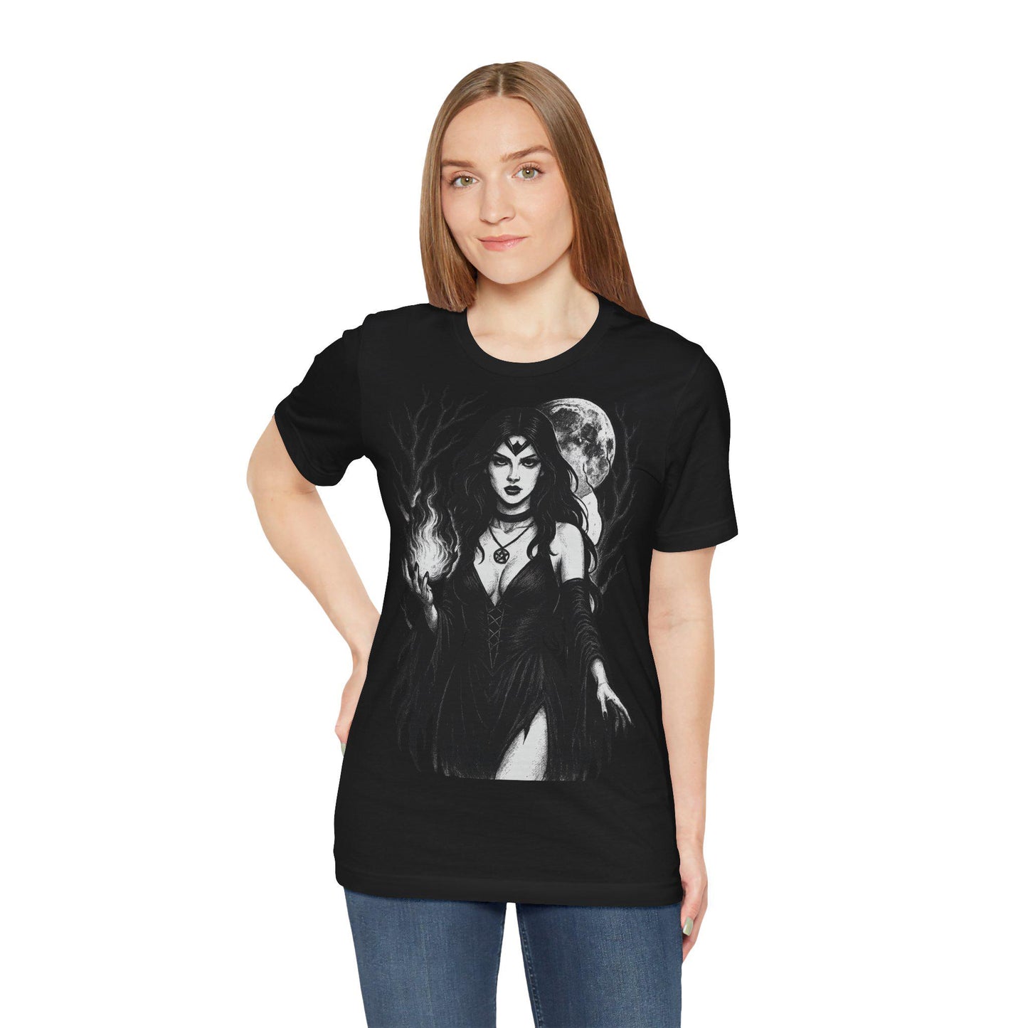 Witchy Mystical Goddess Fire and Moon Gothic Unisex Graphic T Shirt by Dreamdropwear