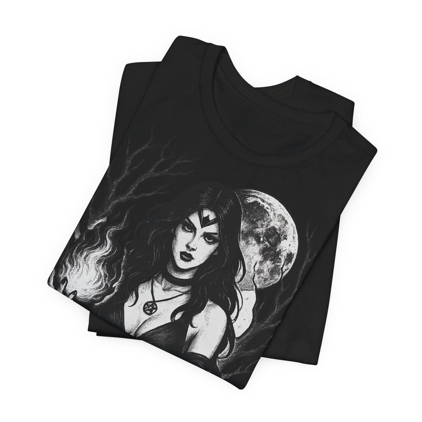 Witchy Mystical Goddess Fire and Moon Gothic Unisex Graphic T Shirt by Dreamdropwear