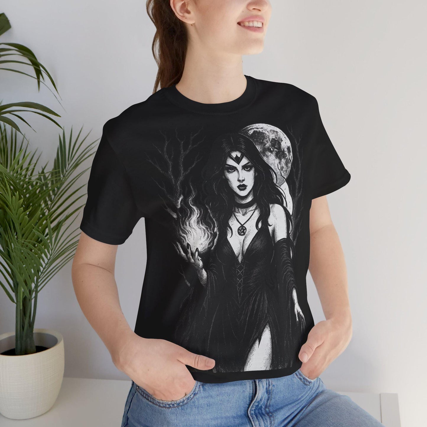 Witchy Mystical Goddess Fire and Moon Gothic Unisex Graphic T Shirt by Dreamdropwear