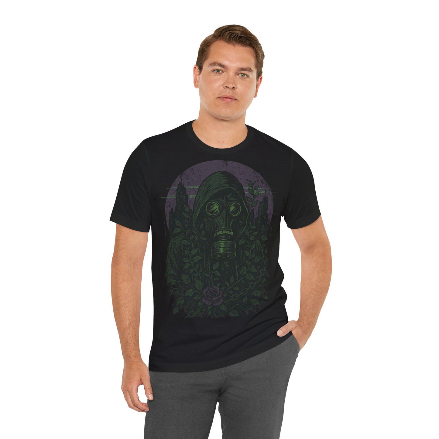 Edgy Urban Unisex Graphic Tee: Concrete Rose Gas Mask Shirt by Dreamdropwear
