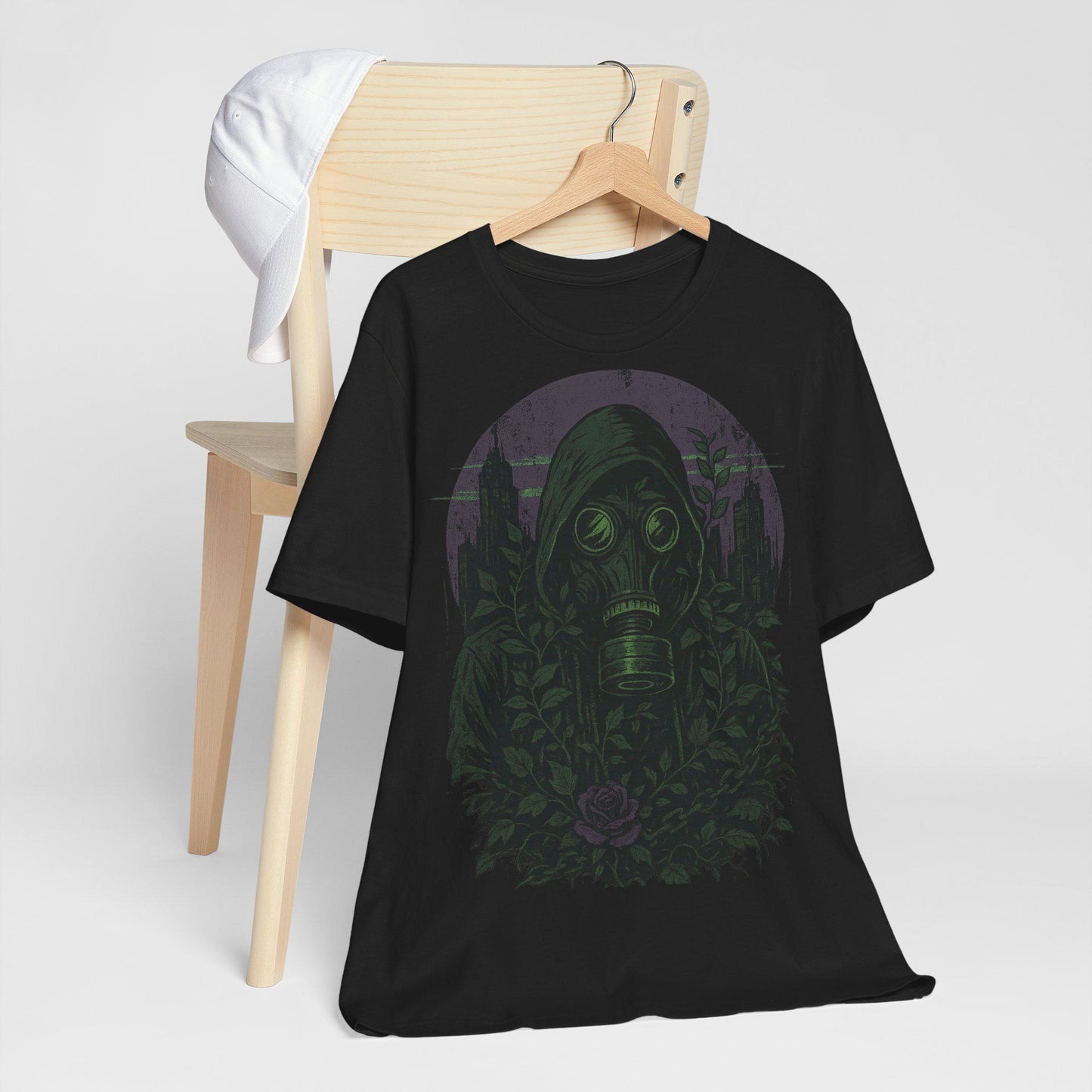 Edgy Urban Unisex Graphic Tee: Concrete Rose Gas Mask Shirt by Dreamdropwear