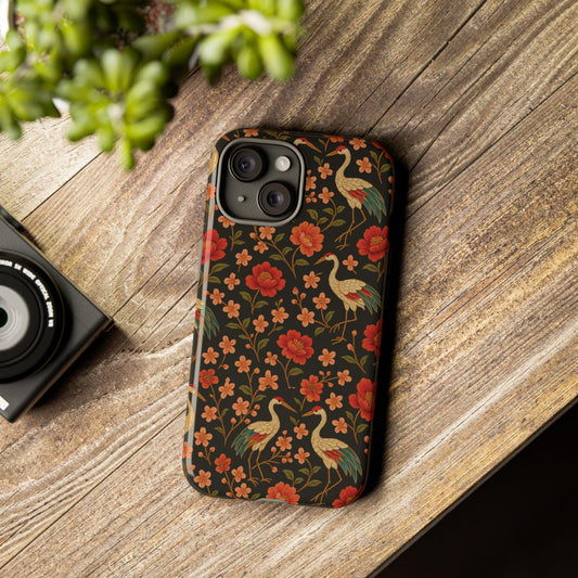 Vintage Floral Crane  Blossom Phone Case: Design, Impact Resistant by Dreamdropwear