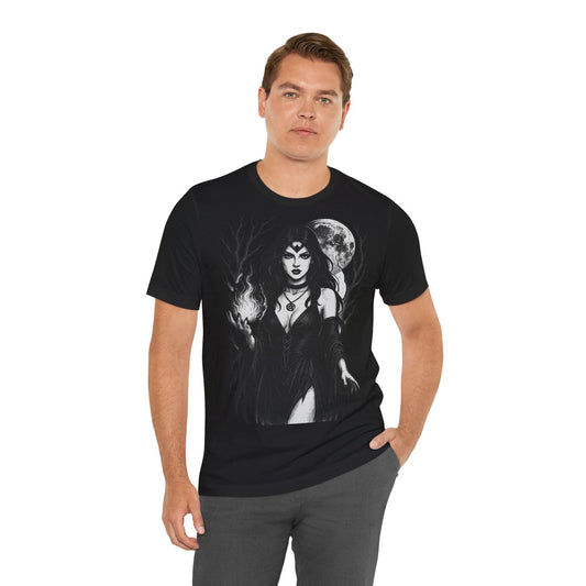 Witchy Mystical Goddess Fire and Moon Gothic Unisex Graphic  T Shirt by Dreamdropwear